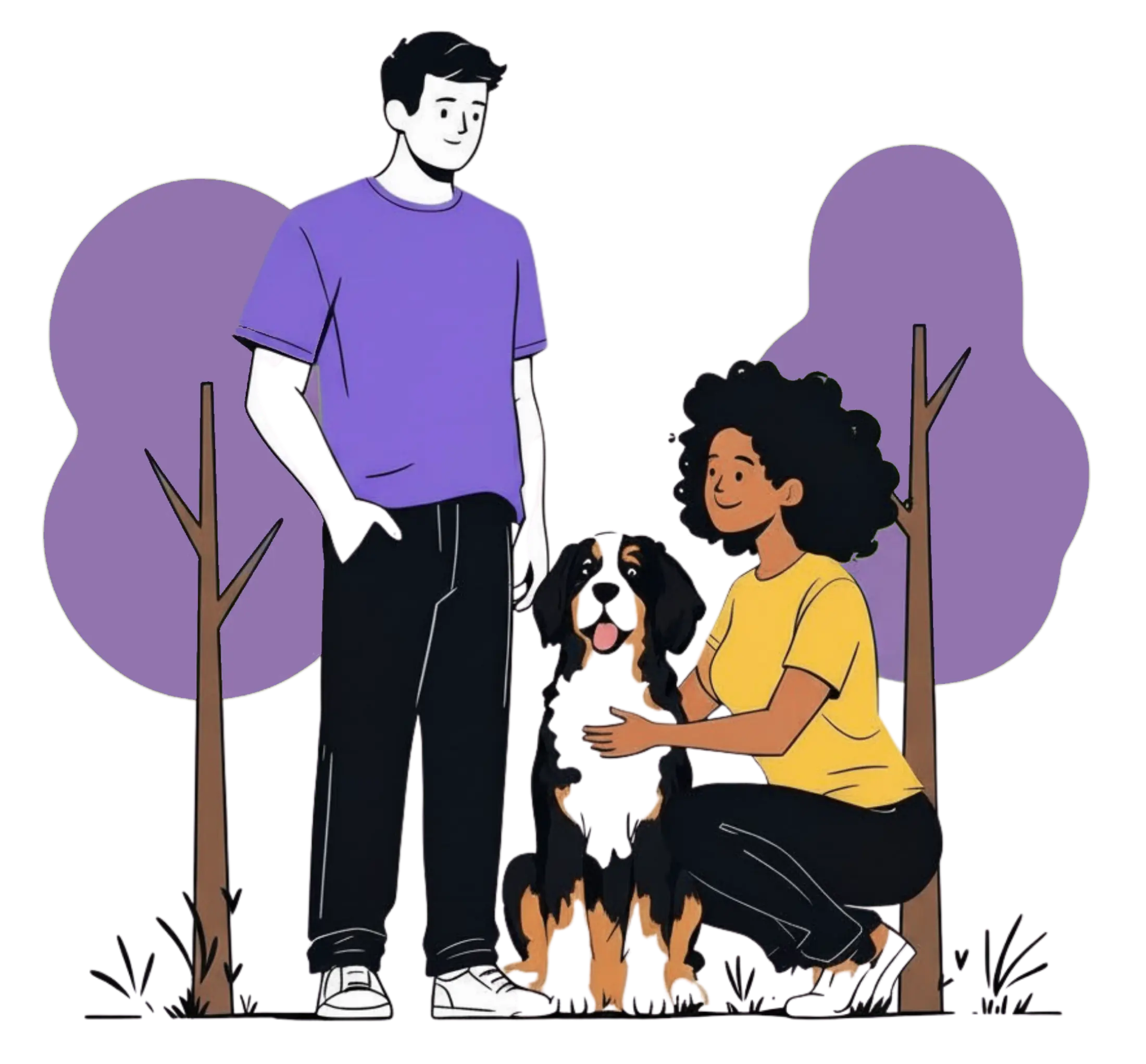 Two people happily interacting with a dog